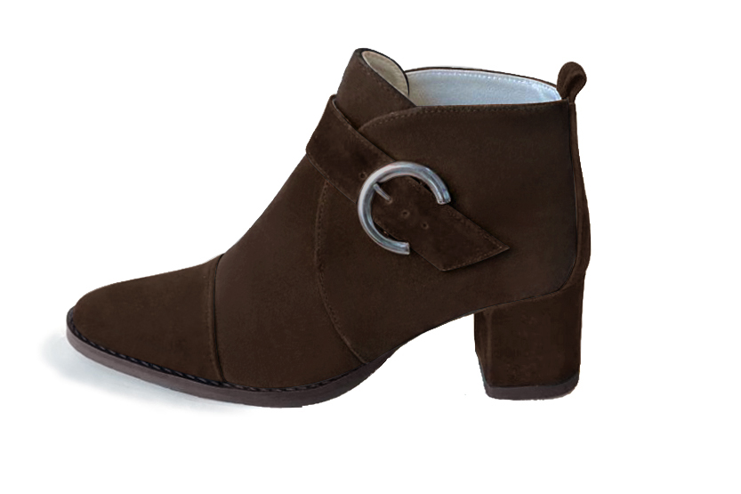 Dark brown women's ankle boots with buckles at the front. Round toe. Medium block heels. Profile view - Florence KOOIJMAN